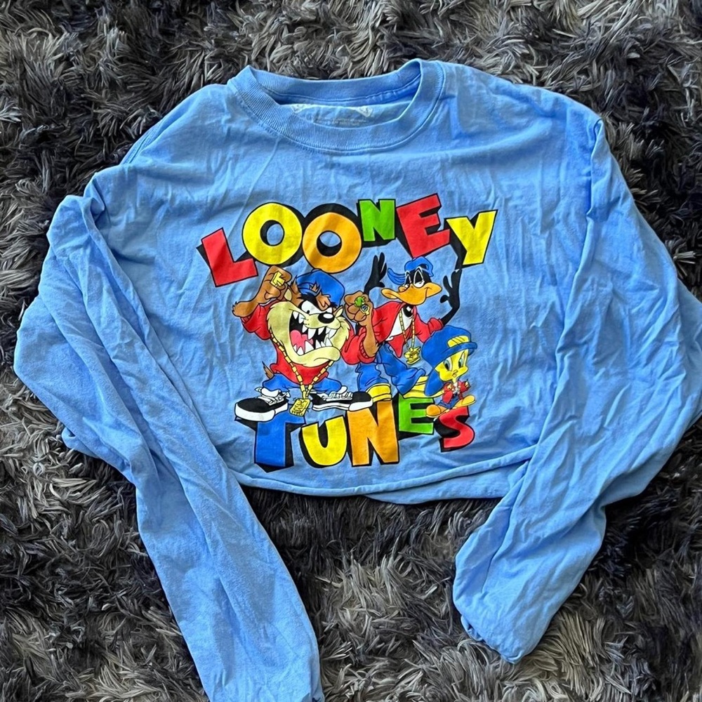 Warner Bros. Blue and Red Long Sleeve Tee with Looney Tunes Graphic